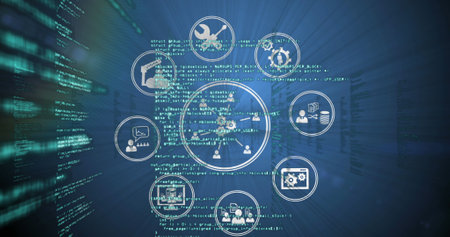 Images of network of connections with icons over data processing on dark background. Global...