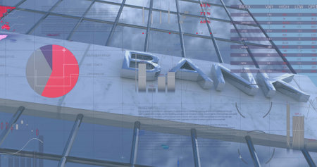 Image of data processing over cityscape. Global business and digital interface concept digitally generated image.の写真素材