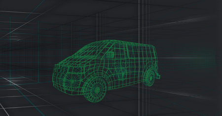 Image of 3d car model over grid on black background. Global engineering and automotive concept digital generated image.の写真素材