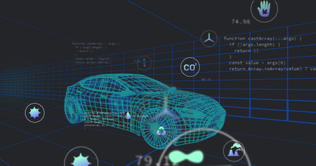 Image of data processing with icons over digital car on background. Global transport, technology and digital interface concept digitally generated image.の写真素材
