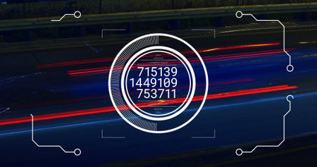 Image of data processing over road. Global business and digital interface concept digitally generated image.の写真素材