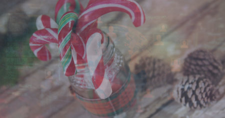 Image of data processing over sweets. Global business and digital interface concept digitally generated image.の写真素材