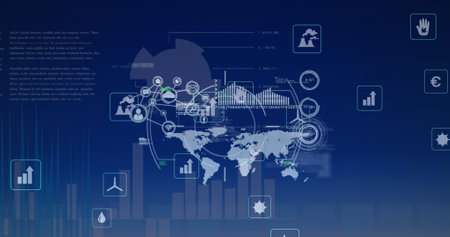 Image of data processing over world map. Global business and digital interface concept digitally...