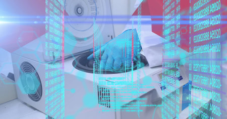 Image of data processing and chemical formula over scientist in lab. Global technology, science and digital interface concept digitally generated image.の写真素材
