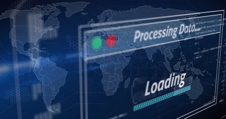 Image of data processing loading against world map. Digital composite, global communication,...
