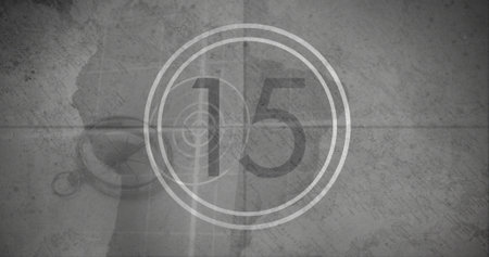 Image of number 15 in white circle over grey world map with circular scanner and compass. Global communication, travel, data and digital interface concept digitally generated image.の写真素材