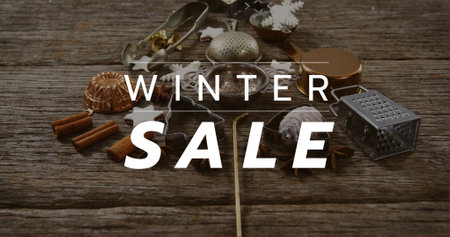 Composition of winter sale text over christmas decoration in background. Christmas, sales, tradition, celebration and festivity concept digitally generated image.の写真素材