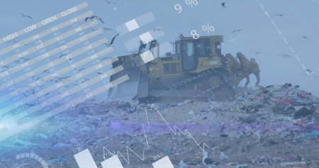 Image of graph and data over bulldozer on waste dump. Waste, garbage, pollution and finance concept...