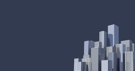 Image of skyscrapers over navy background with copy space. City, urban life, modern architecture,...