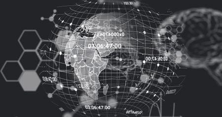 Image of globe rotating over scientific data on black background. data processing, science, network...