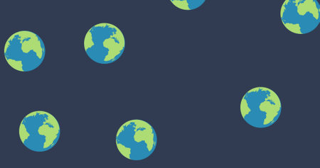 Image of globes spread on navy background with copy space. Globe, earth, communication and network concept.の写真素材