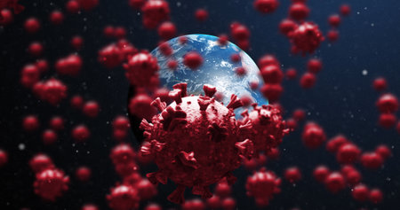 Digital image of multiple covid-19 cells floating over globe against blue background. coronavirus covid-19 pandemic conceptの写真素材