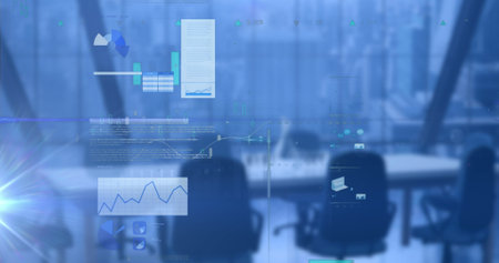 Image of data processing with statistics over empty office on blue background. global connections,...