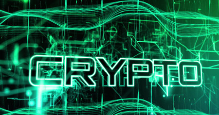 Image of crypto text over data processing on black background. Social media and digital interface...