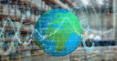 Financial and stock market data processing over spinning globe against warehouse. global finance and...
