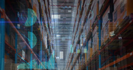 Image of financial data processing over warehouse. global business, data processing, digital interface, technology and shipping concept digitally generated image.の写真素材