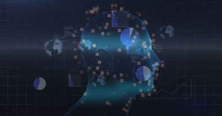 Image of human head and data processing over digital screen. global connections, data processing and...