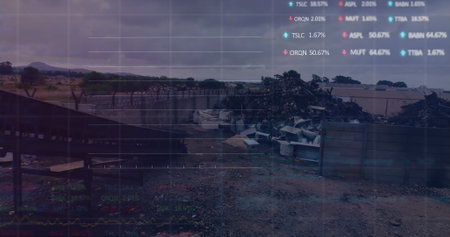 Image of stock market data processing over aerial view of scrap at junkyard. Global economy and recycling technology conceptの写真素材