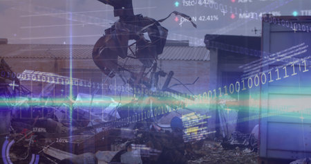 Blue light trails and data processing against crane working at junkyard. Global finance and economy conceptの写真素材