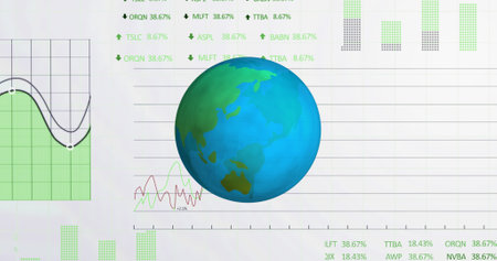 Spinning globe icon over financial and stock market data processing against white background. global finance and business conceptの写真素材