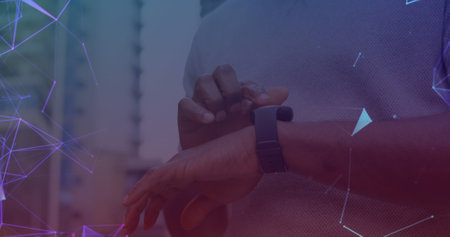 Image of networks of connections over man using smartwatch in background. global networks,...