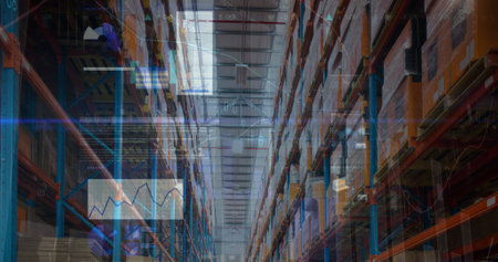 Image of financial data processing over warehouse. global business, data processing, digital...