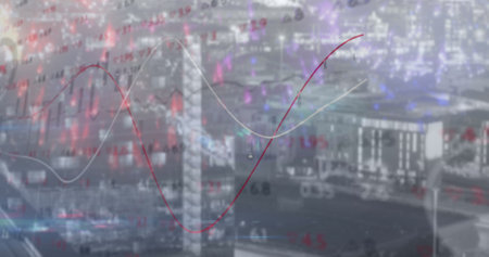 Statistical and stock market data processing against aerial view of cityscape. global finance and...