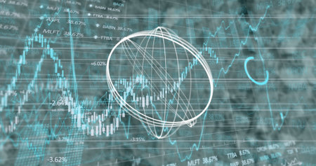Abstract circular shape over financial and stock market data processing against empty office. global...