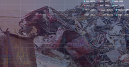 Image of stock market data processing over aerial view of scrap at junkyard. Global economy and...