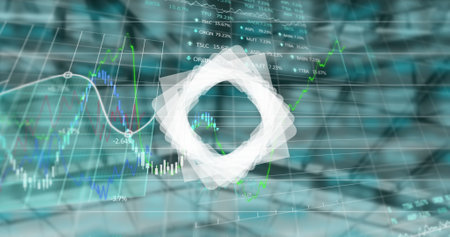 Abstract geometric shape over stock market and financial data processing gainst empty office. global...