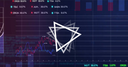 Abstract triangular shape over stock market and financial data processing on blue background. global...