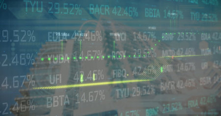 Financial and stock market data processing against tall buildings in background. global finance and...