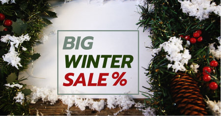 Composition of big winter sale text over christmas decoration in background. Christmas, sales, tradition, celebration and festivity concept digitally generated image.の写真素材