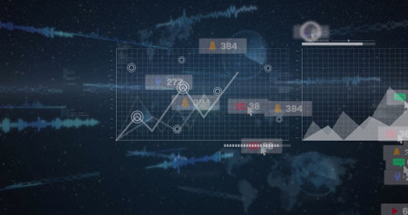 Image of icons with growing numbers over data processing and light trails. Global business,...