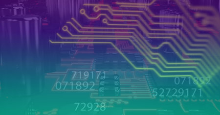 Images of network of connections and data processing on blue and pink background. Global data...