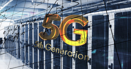 Image of 5g text, mathematical equations and data processing over computer servers. Global networks, computing and data processing concept digitally generated image.の写真素材