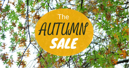 Composite of the autumn sale text in yellow oval shape against leaves growing on branches. Advertisement, promotion, discount, abstract, season and nature concept.の写真素材