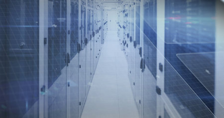 Image of processing circle and math formulas over servers. Data processing, communication, math,...