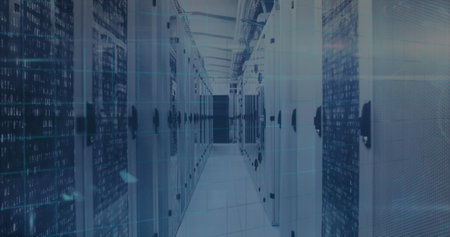 Image of integrated circuit and 6g over servers. Data processing, communication, math, informatics...