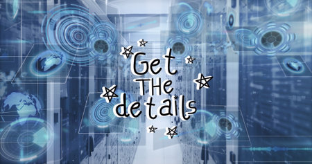Image of data processing and get the details text over server room. Global business and digital...