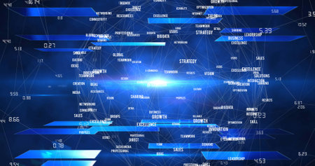 Image of data processing and digital human over shapes on black background. Global technology, computing and digital interface concept digitally generated image.の写真素材
