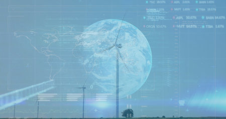 Image of stock market data processing over globe and windmills spinning against blue sky. Renewable...