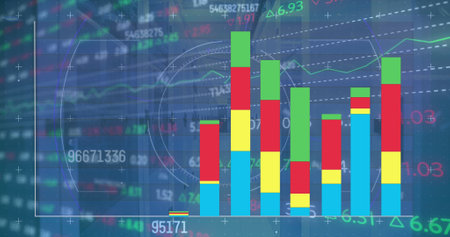Image of stock market and statistical data processing against computer server room. Global networking and business data storage technology conceptの写真素材