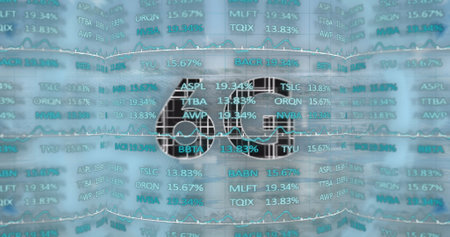 Image of scope scanning with 6g and stock market over sea. Global business, finances and digital...
