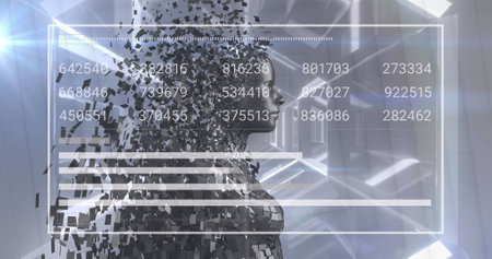 Image of digital human, numbers and sound bars over hexagon pattern looping tunnel. Digitally...