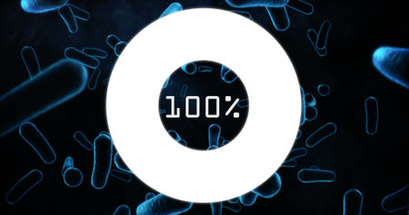 Illustration of 100 percent text in circles with microscopic view of bacteria over black background....