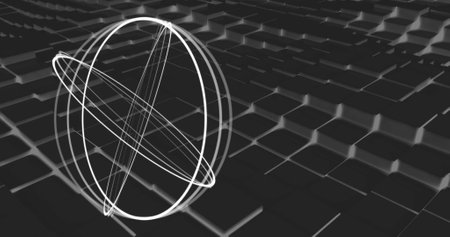 Illustration of oval with circles shaped pattern against black square shapes, copy space. Digitally...