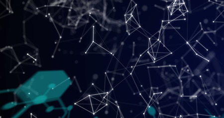 Illustration of connected dots forming geometric shapes over black background. Digitally generated, hologram, connection, hexagon, telecommunications and technology concept.の写真素材