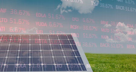 Image of stock market data processing over solar panel on grass against blue sky. Global economy and...