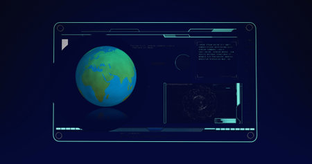 Image of globe over data processing on black background. Global technology, computing and digital interface concept digitally generated image.の写真素材